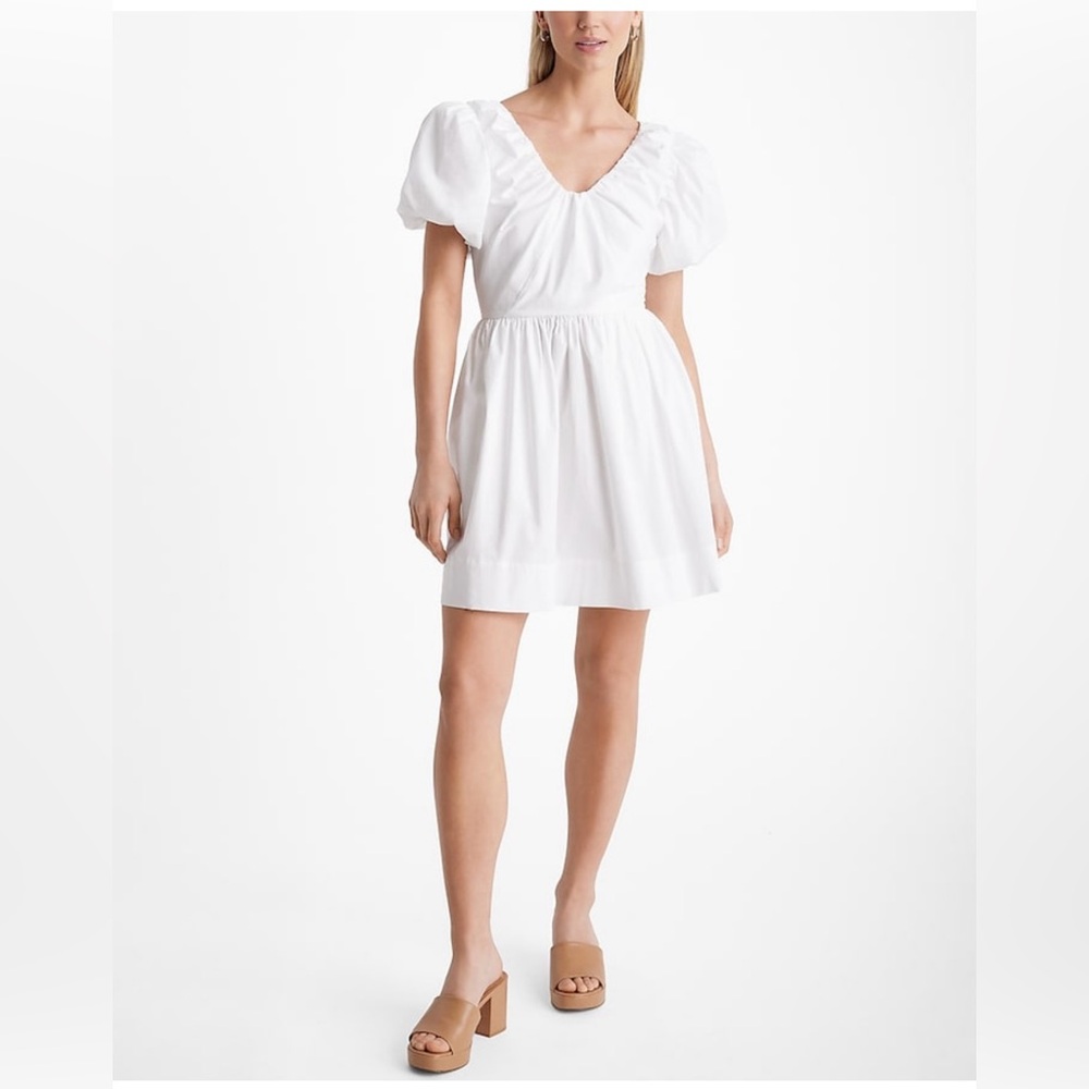 V-Neck Puff Sleeve Poplin Mini Dress
